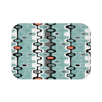 Mid Century Modern Retro Geometric Bath Mat, MCM Abstract Oval Bathroom Rug, Aqua Orange Gray Accent Mat