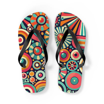 Groovy 70s Psychedelic Flip Flops, Retro Sunburst Beach Sandals