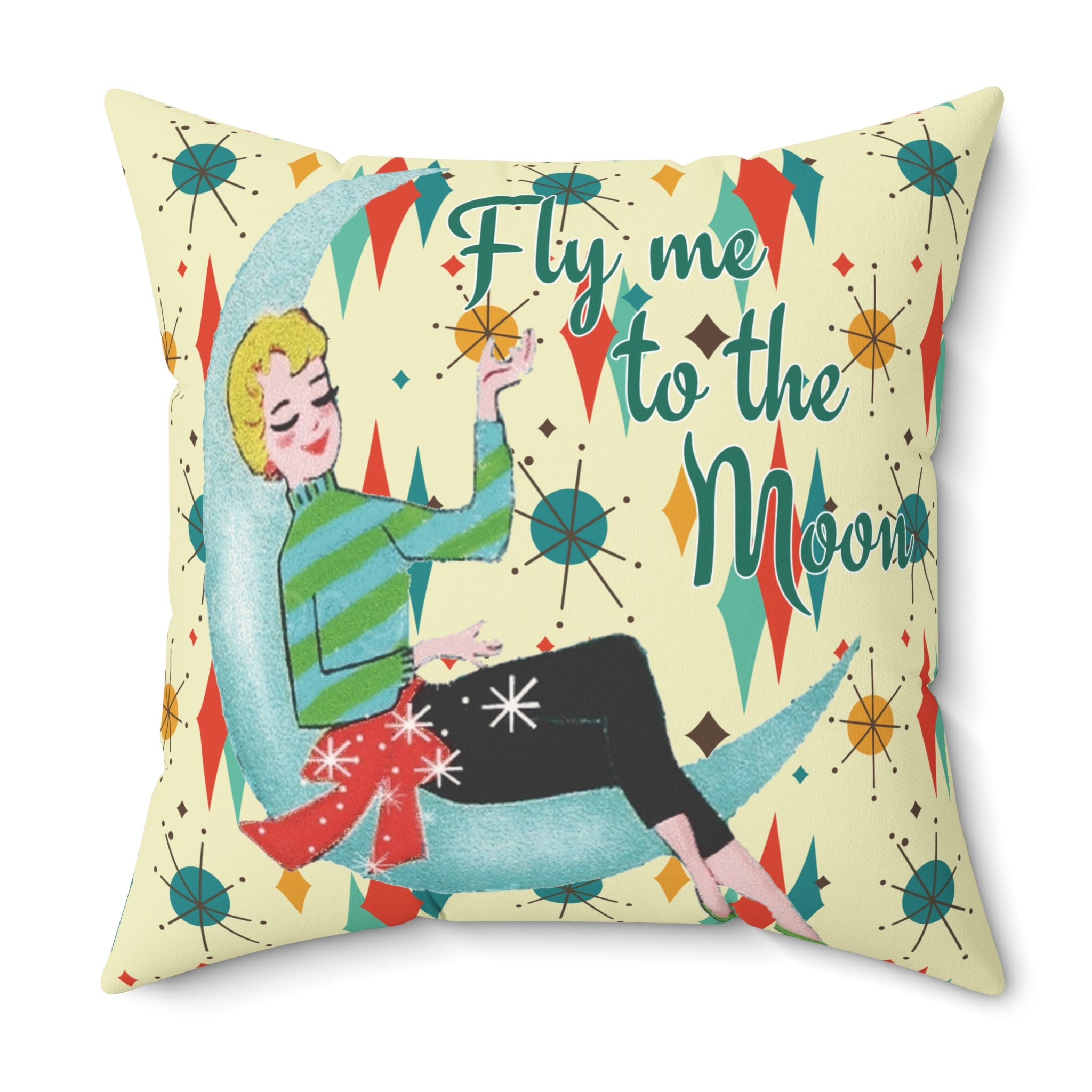Fly Me to the Moon Mid Century Modern Throw Pillow, Retro Mod Girl