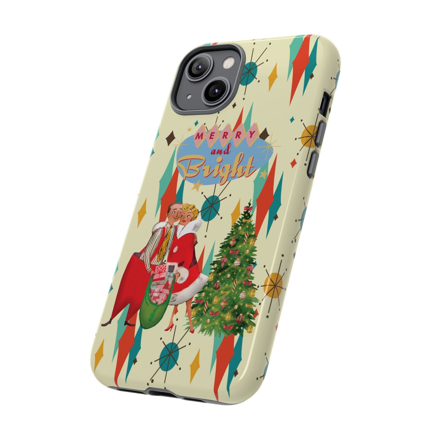 Merry and Bright Retro Christmas iPhone Case, 1950s Kitsch Mid Century Modern Holiday Cover, Atomic Starburst Vintage Phone Accessory