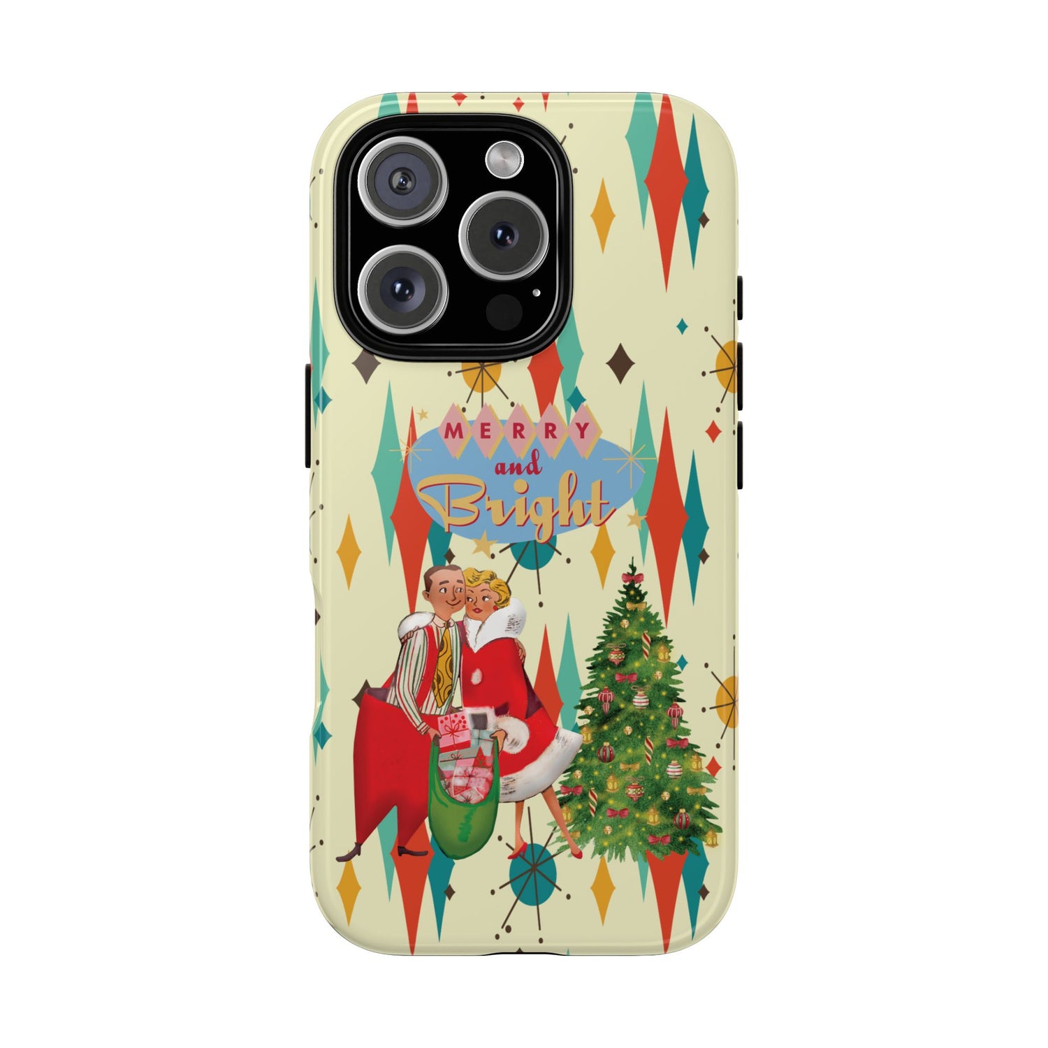 Merry and Bright Retro Christmas iPhone Case, 1950s Kitsch Mid Century Modern Holiday Cover, Atomic Starburst Vintage Phone Accessory