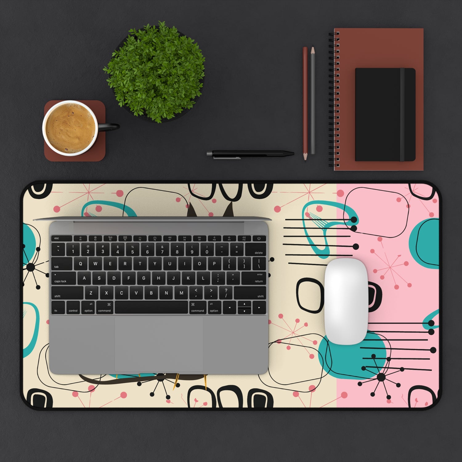 Retro Atomic Cat Mid Century Modern Desk Mat, MCM Pink, Turquoise Black Geometric Starburst Office Accessory