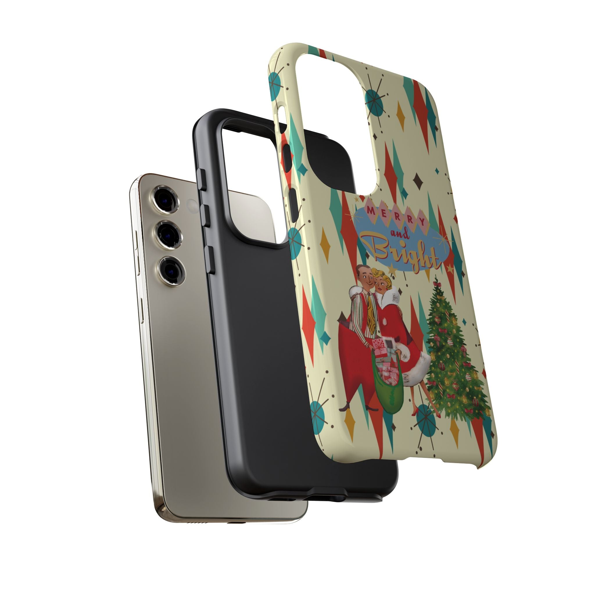 Merry and Bright Retro Christmas iPhone Case, 1950s Kitsch Mid Century Modern Holiday Cover, Atomic Starburst Vintage Phone Accessory