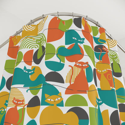 Atomic Cat Shower Curtain, Mid Century Modern Retro Bath Decor