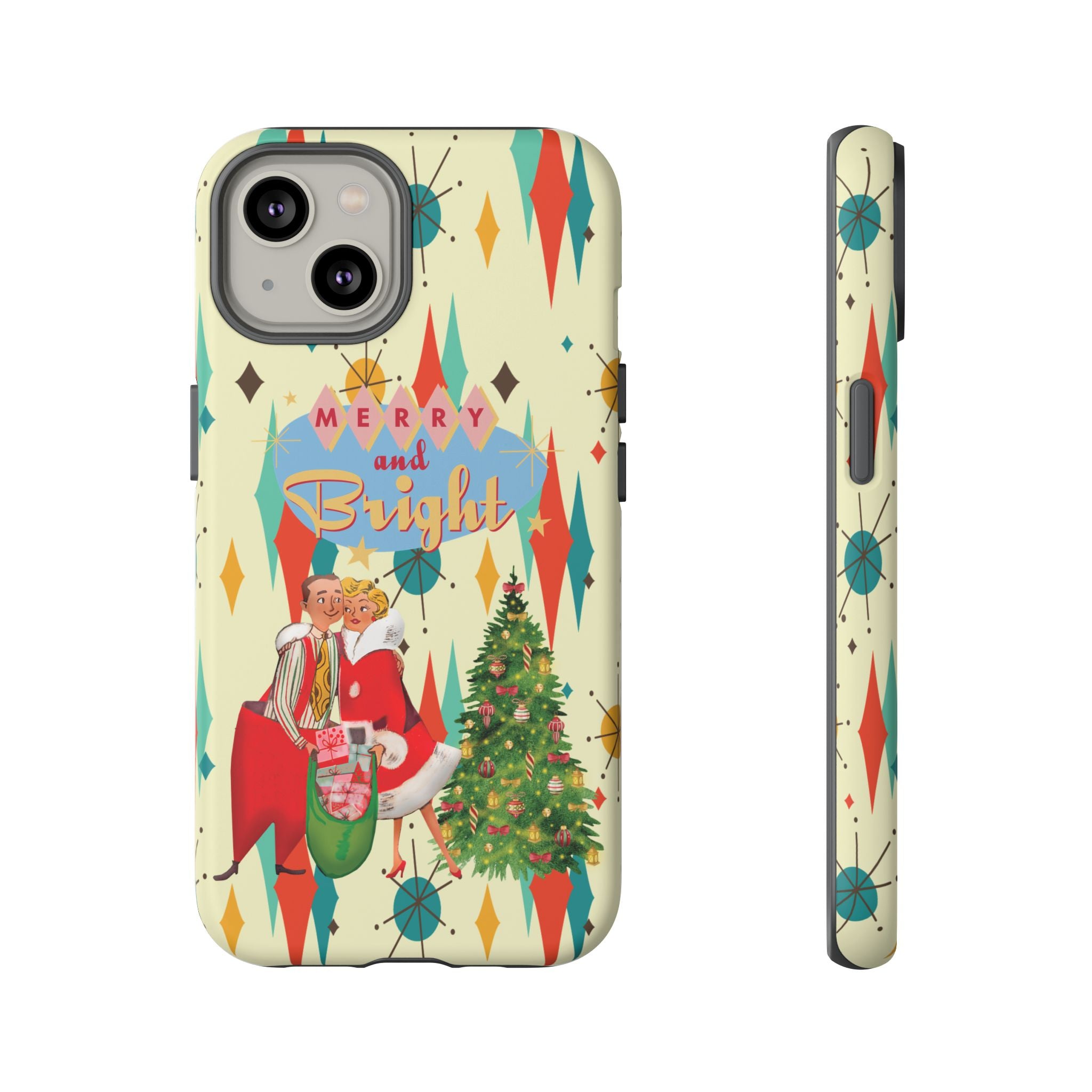 Merry and Bright Retro Christmas iPhone Case, 1950s Kitsch Mid Century Modern Holiday Cover, Atomic Starburst Vintage Phone Accessory