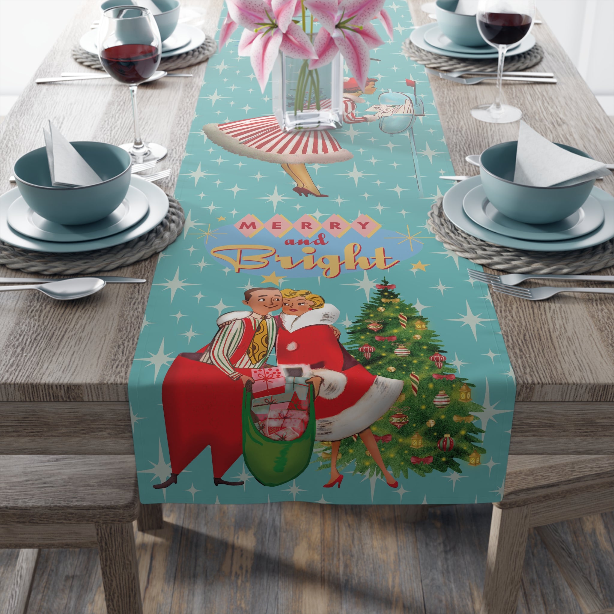 Merry and Bright Retro 1950s Mid Century Modern Christmas Table Runner