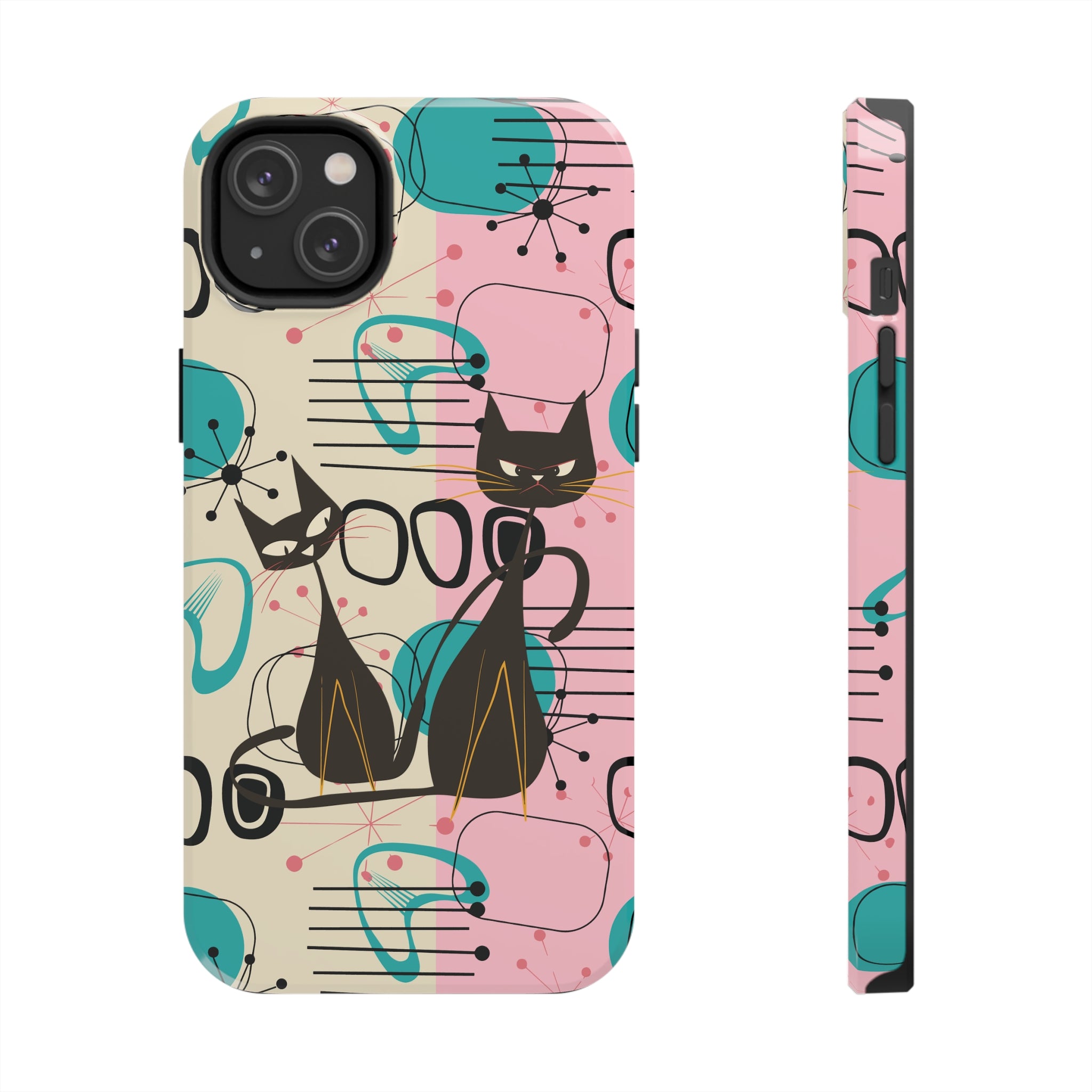 Mid Century Modern Atomic Cat iPhone Case in Retro Geometric Pink Turquoise and Black