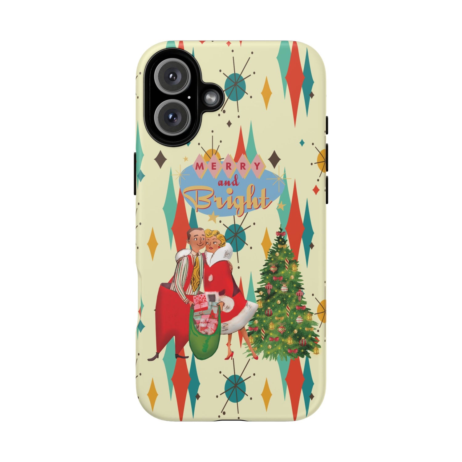 Merry and Bright Retro Christmas iPhone Case, 1950s Kitsch Mid Century Modern Holiday Cover, Atomic Starburst Vintage Phone Accessory