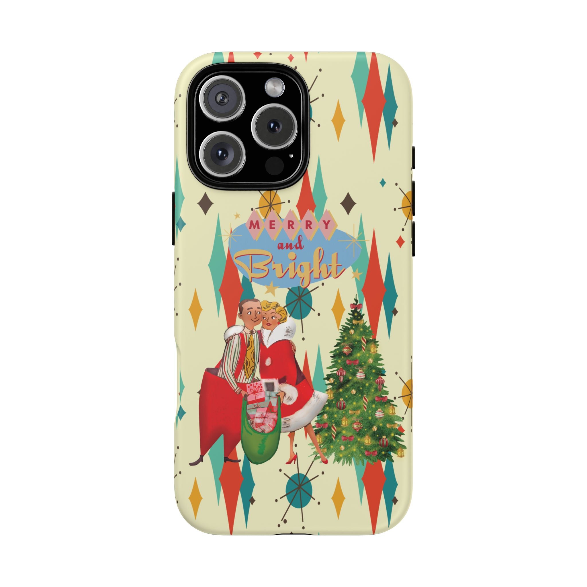 Merry and Bright Retro Christmas iPhone Case, 1950s Kitsch Mid Century Modern Holiday Cover, Atomic Starburst Vintage Phone Accessory