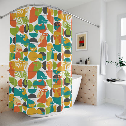 Atomic Cat Shower Curtain, Mid Century Modern Retro Bath Decor