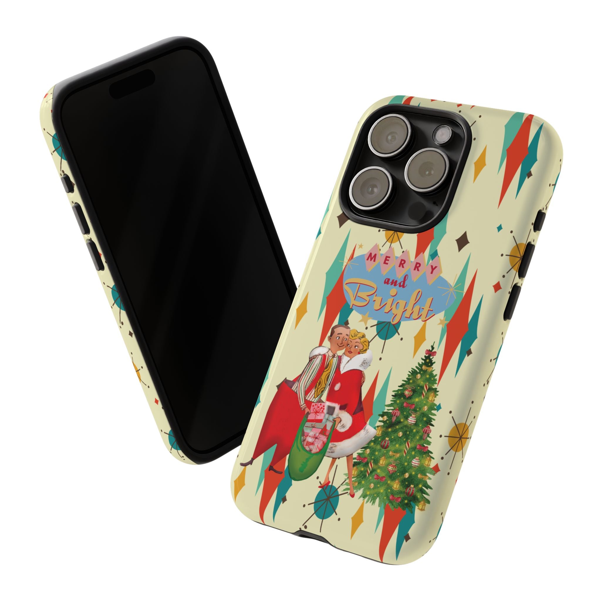 Merry and Bright Retro Christmas iPhone Case, 1950s Kitsch Mid Century Modern Holiday Cover, Atomic Starburst Vintage Phone Accessory