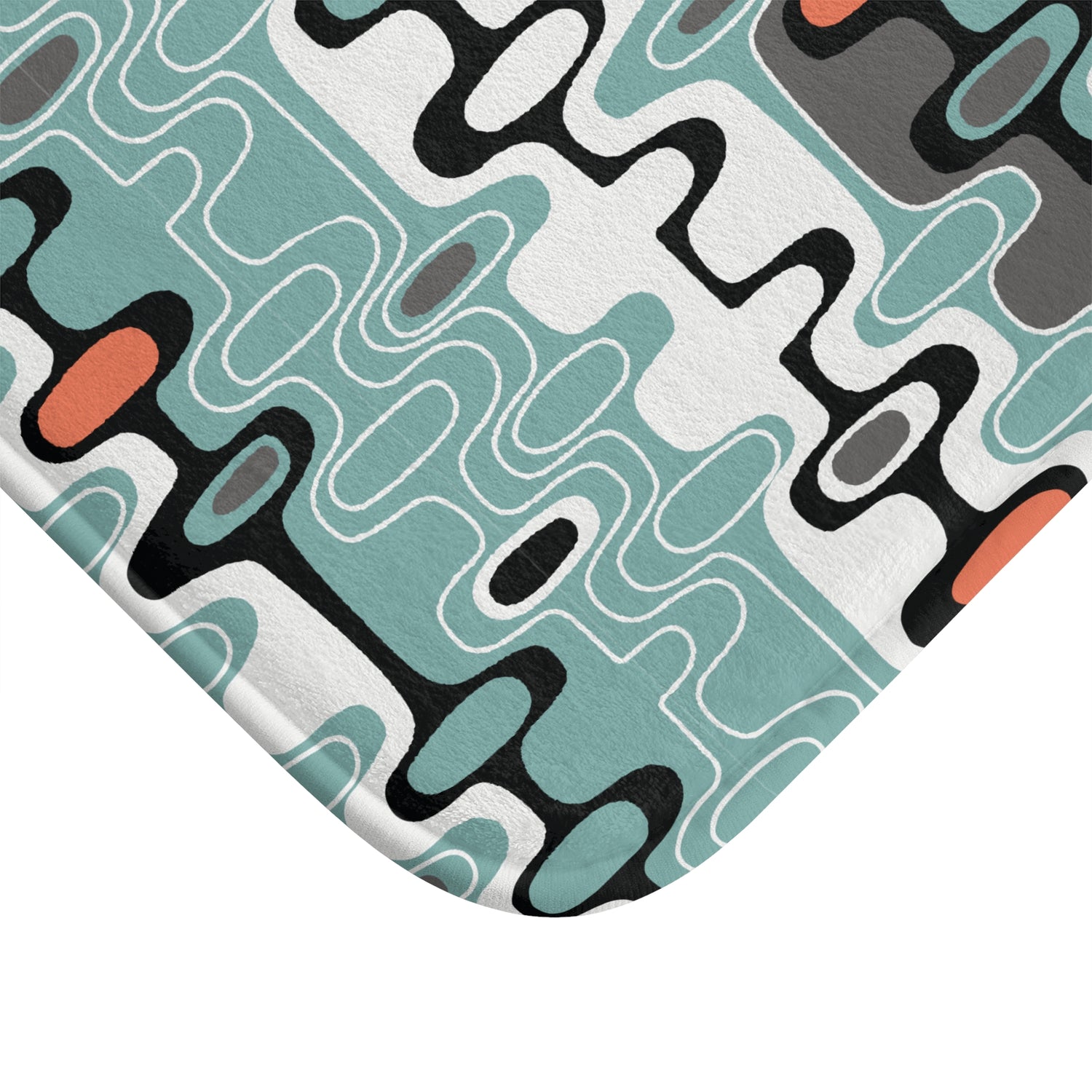 Mid Century Modern Retro Geometric Bath Mat, MCM Abstract Oval Bathroom Rug, Aqua Orange Gray Accent Mat