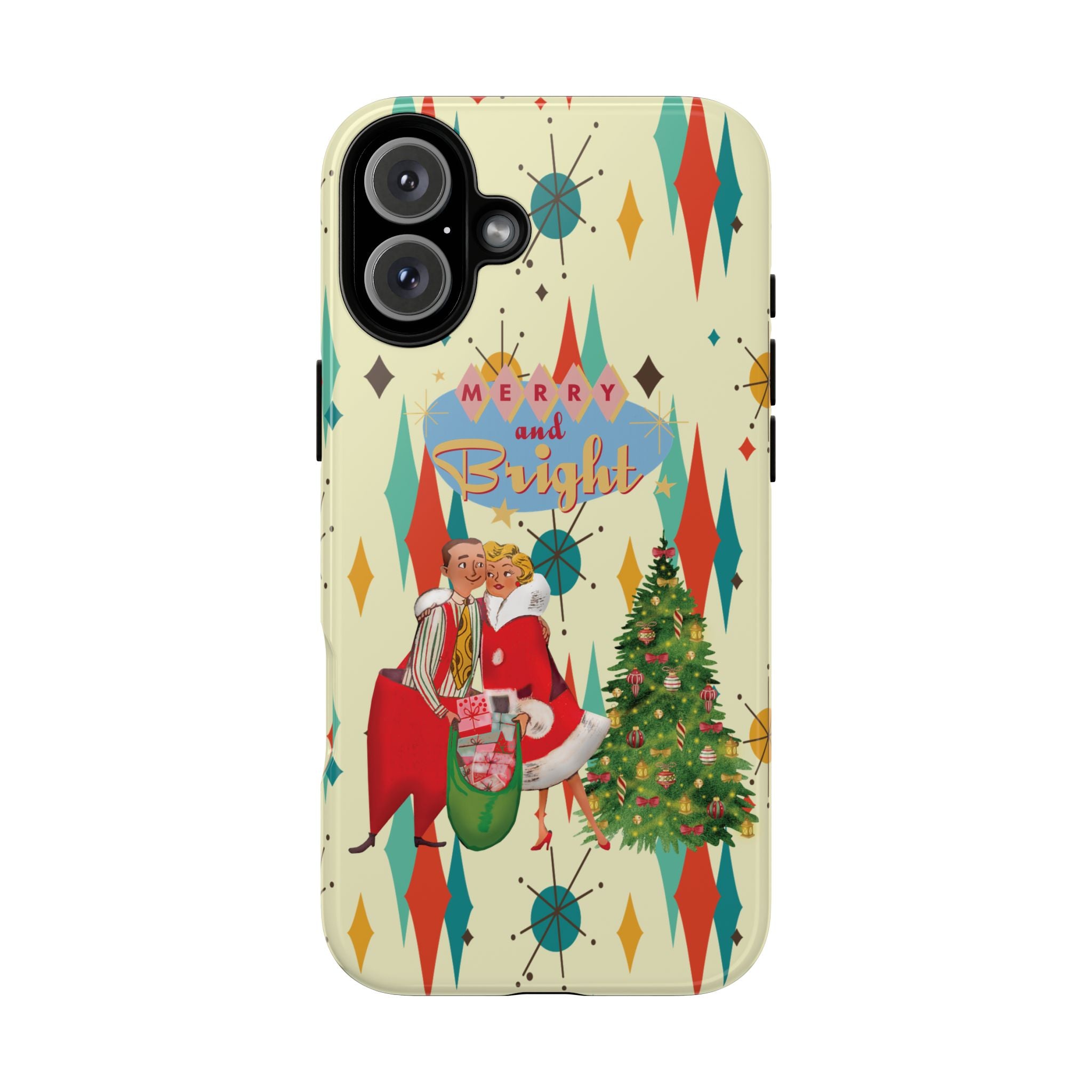 Merry and Bright Retro Christmas iPhone Case, 1950s Kitsch Mid Century Modern Holiday Cover, Atomic Starburst Vintage Phone Accessory