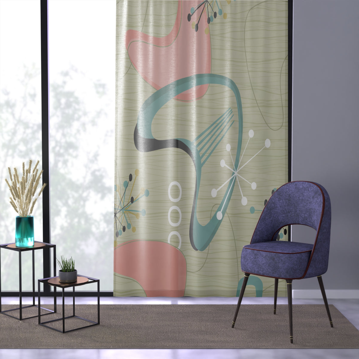 Atomic Boomerang Mid Century Modern Retro Sheer Window Curtain