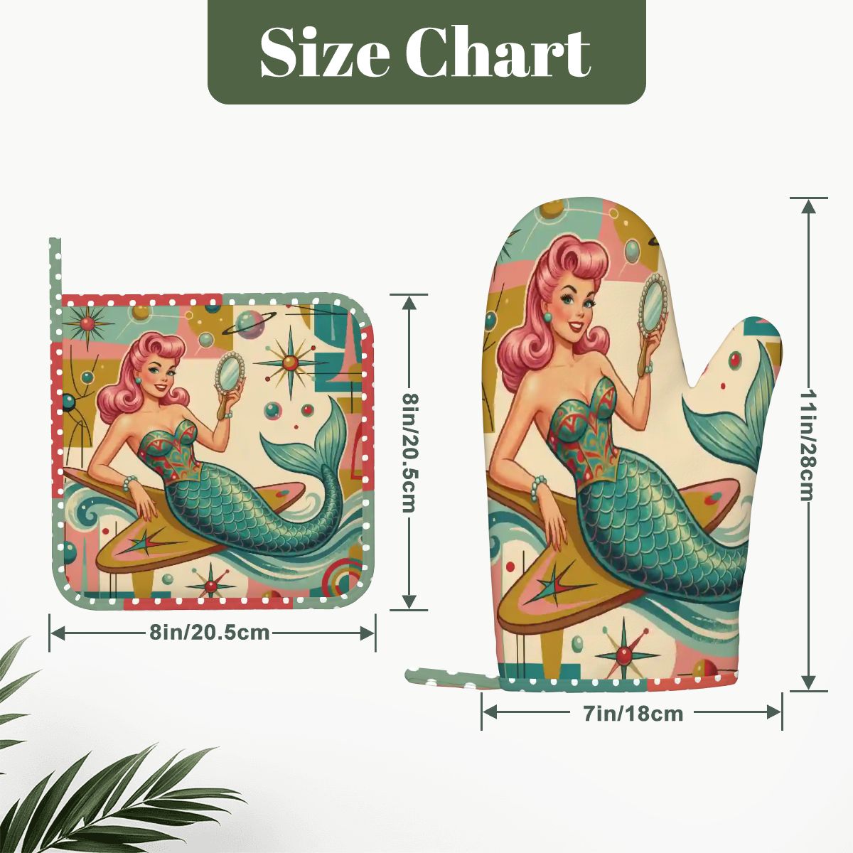 1950s Retro Mermaid Atomic Starburst Oven Mitt Pot Holder Set (Left)