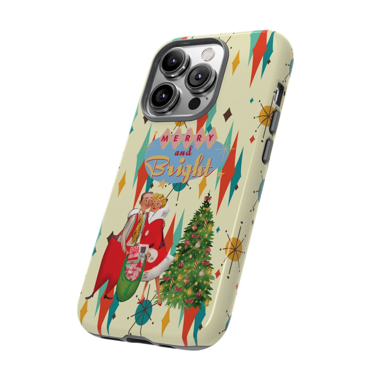 Merry and Bright Retro Christmas iPhone Case, 1950s Kitsch Mid Century Modern Holiday Cover, Atomic Starburst Vintage Phone Accessory