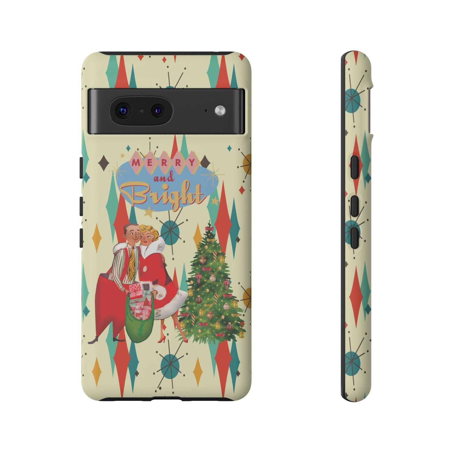 Merry and Bright Retro Christmas iPhone Case, 1950s Kitsch Mid Century Modern Holiday Cover, Atomic Starburst Vintage Phone Accessory