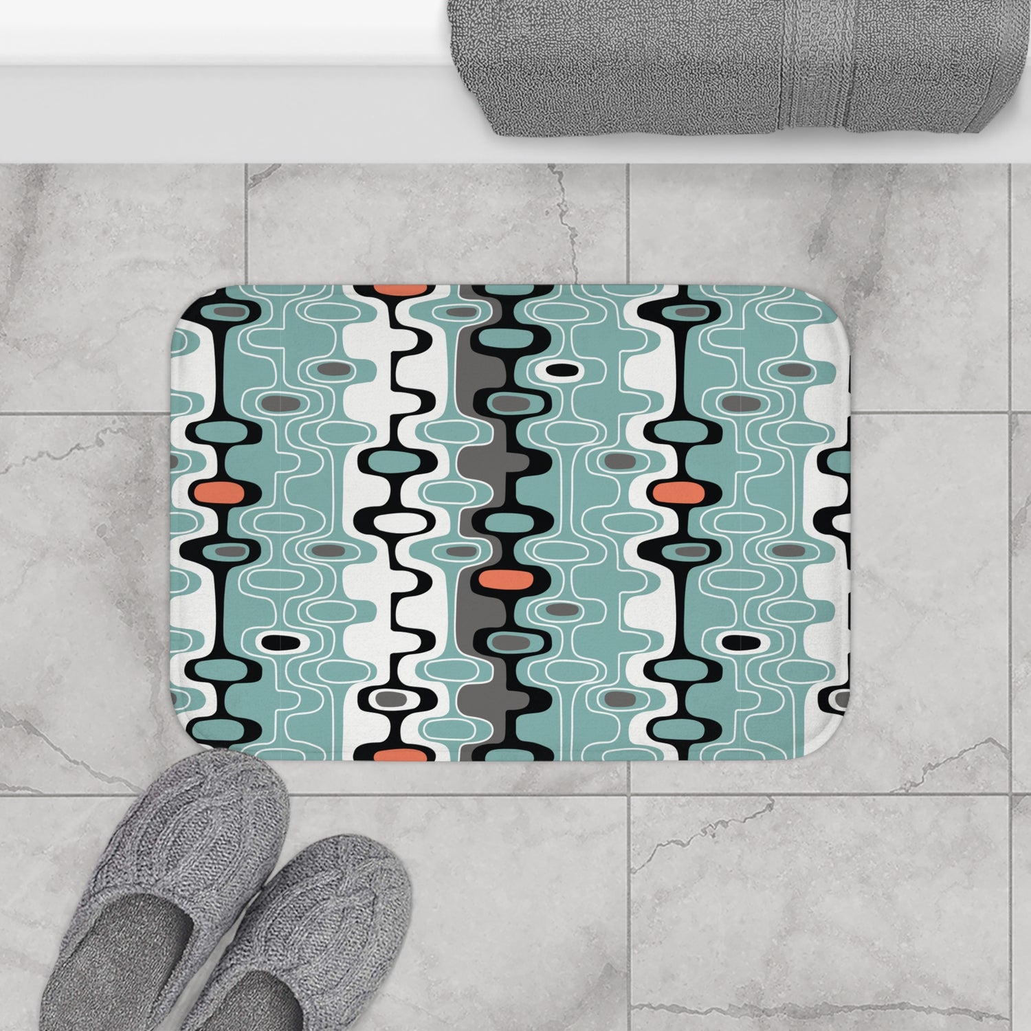 Mid Century Modern Retro Geometric Bath Mat, MCM Abstract Oval Bathroom Rug, Aqua Orange Gray Accent Mat