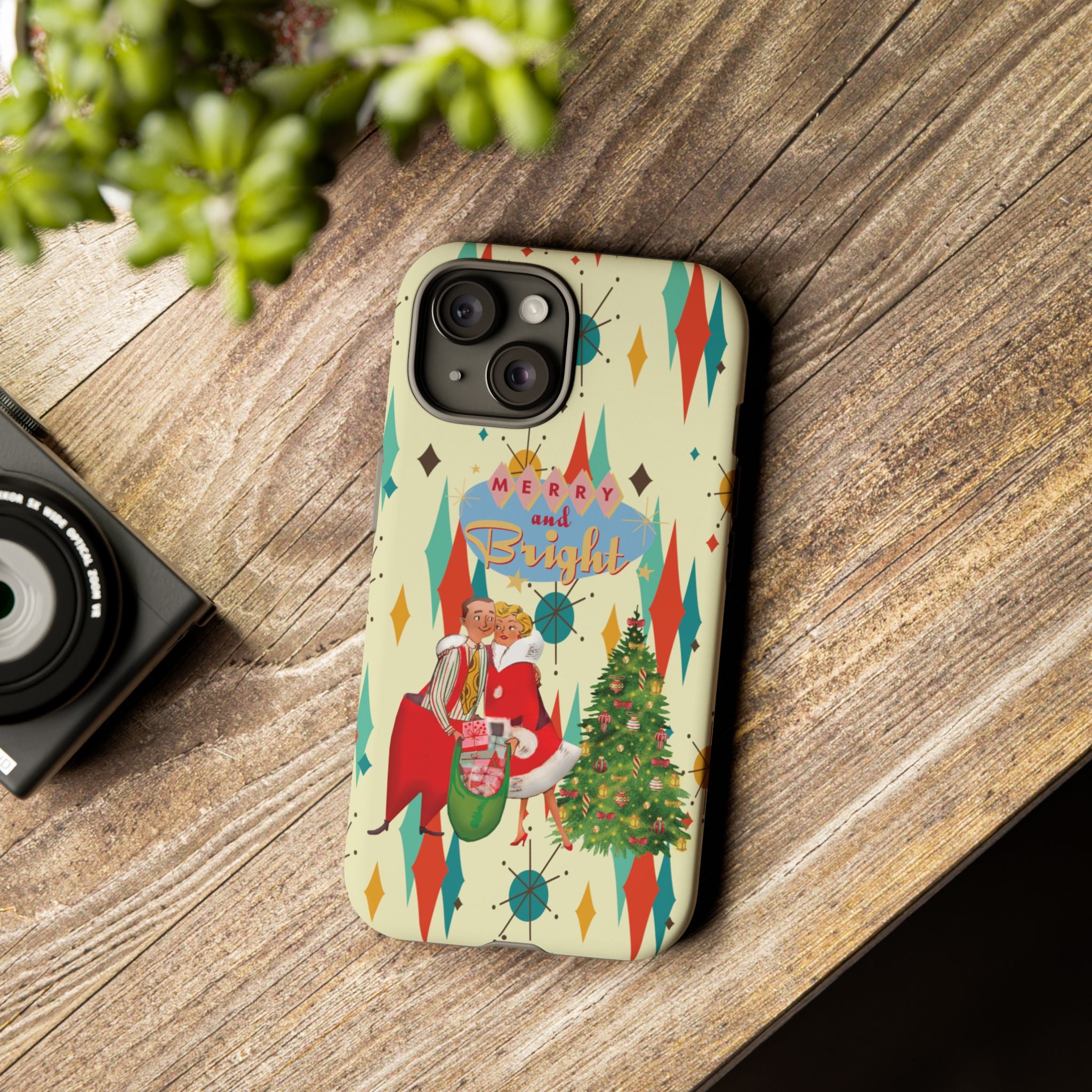 Merry and Bright Retro Christmas iPhone Case, 1950s Kitsch Mid Century Modern Holiday Cover, Atomic Starburst Vintage Phone Accessory