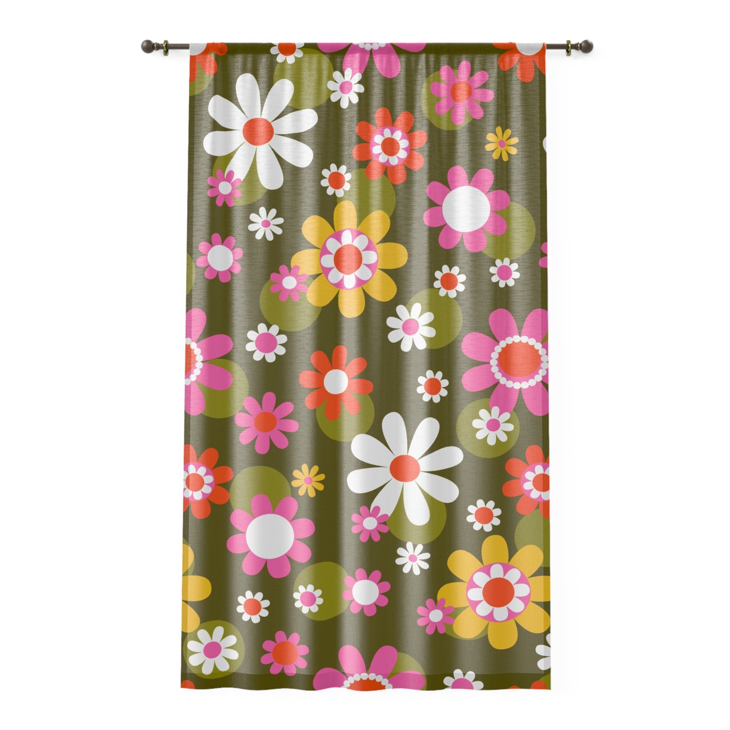 Groovy Daisy Flower Power Sheer Curtains, Retro Mid Mod Window Panels