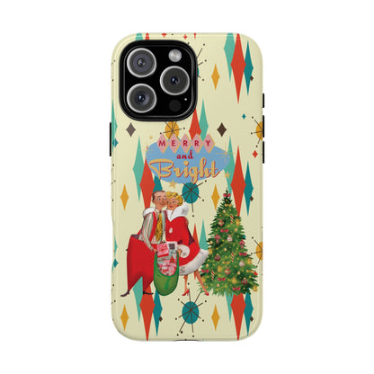 Merry and Bright Retro Christmas iPhone Case, 1950s Kitsch Mid Century Modern Holiday Cover, Atomic Starburst Vintage Phone Accessory