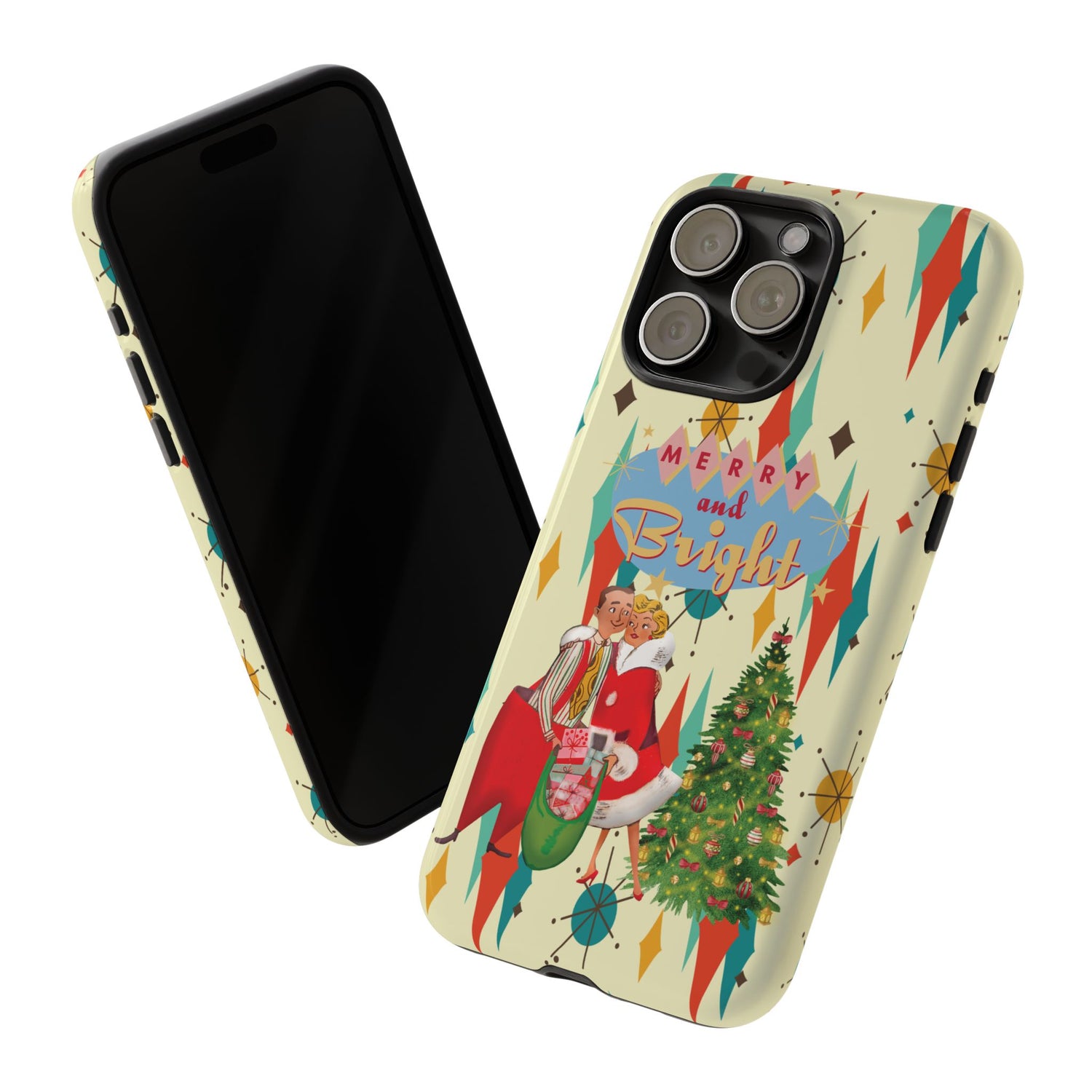 Merry and Bright Retro Christmas iPhone Case, 1950s Kitsch Mid Century Modern Holiday Cover, Atomic Starburst Vintage Phone Accessory