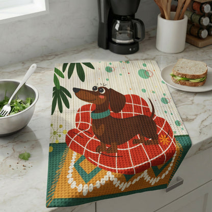 Kitschy Doxie Dachshund Retro 50s Waffle Weave Kitchen Towel