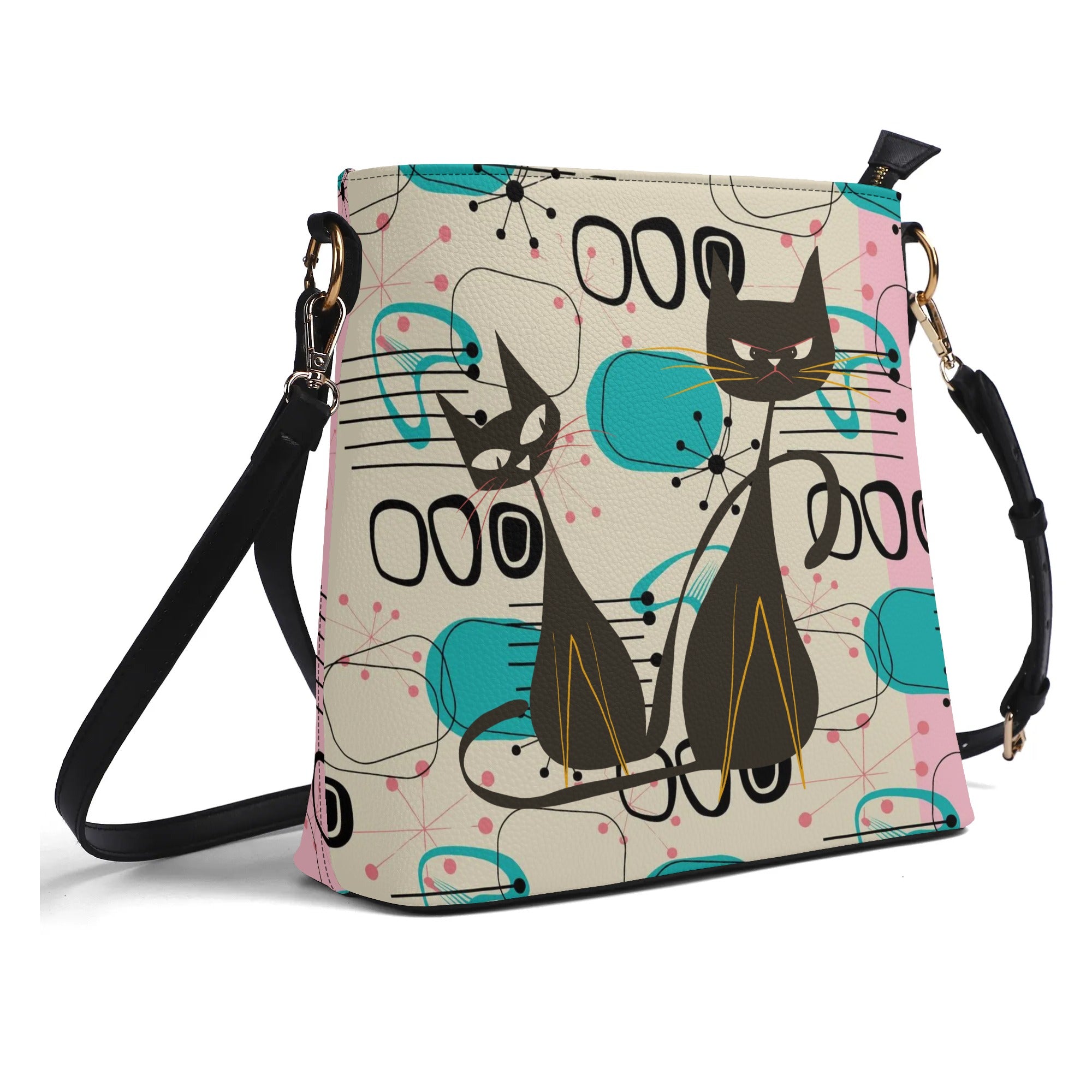 Mid Century Modern Atomic Cat Bucket Bag, Retro Pink, Turquoise, and Black  Shoulder Bag