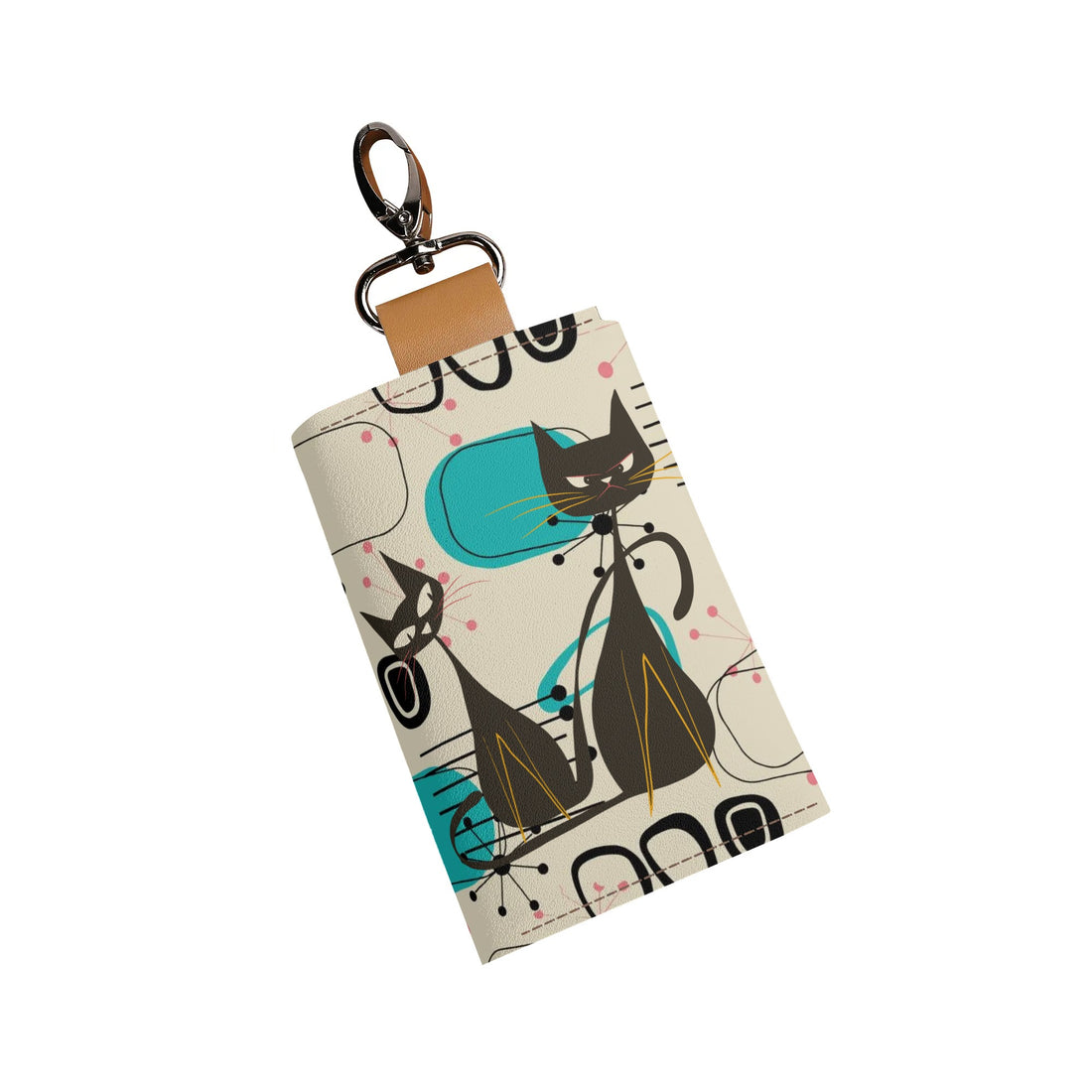 Mid Century Modern Atomic Cat Keychain Purse, Retro Pink, Turquoise, and Black Keychain Wallet