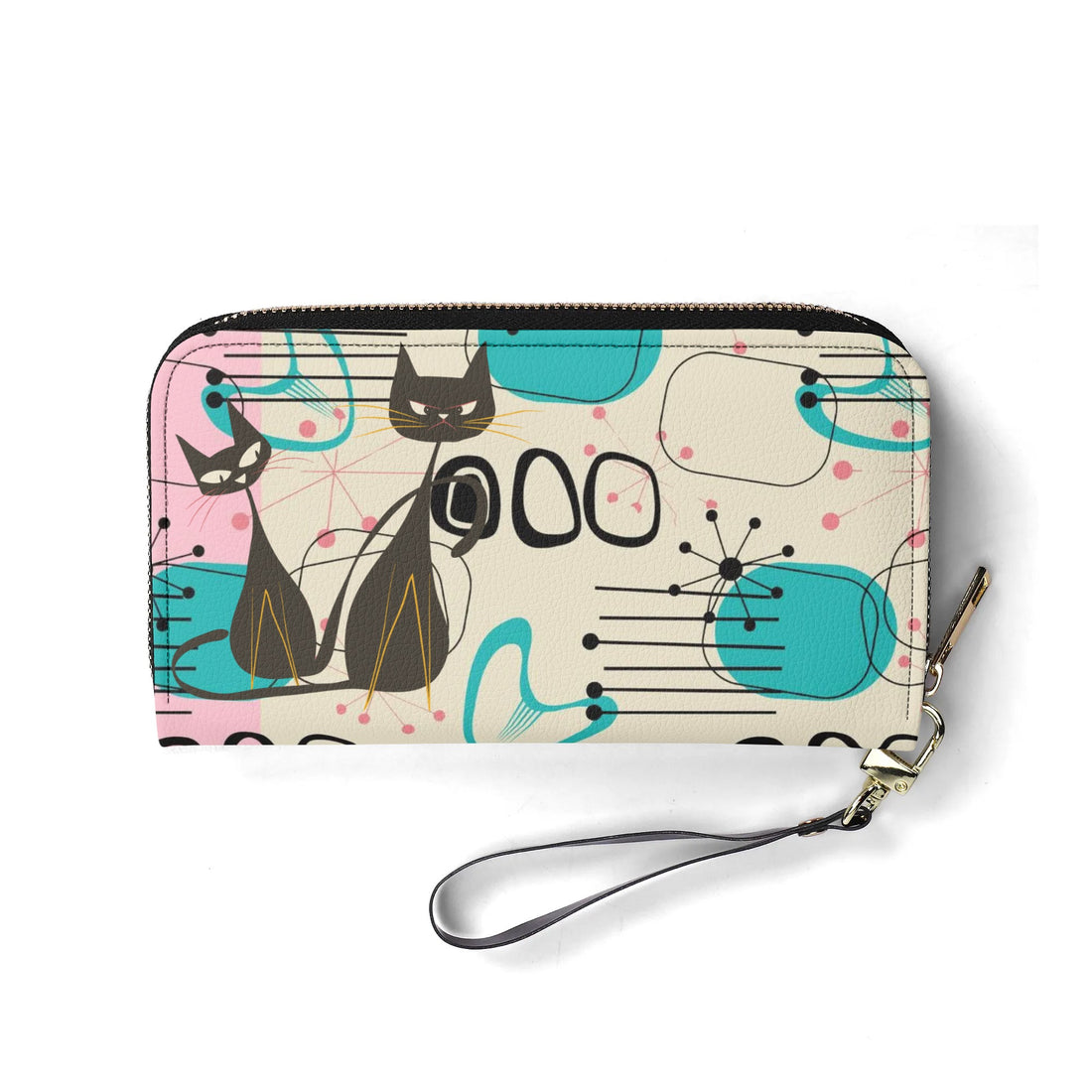 Mid Century Modern Atomic Cat Wallet, Retro Pink, Turquoise, and Black Leather Accessory