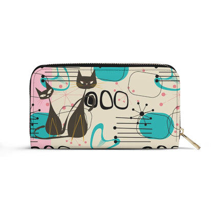 Mid Century Modern Atomic Cat Wallet, Retro Pink, Turquoise, and Black Leather Accessory