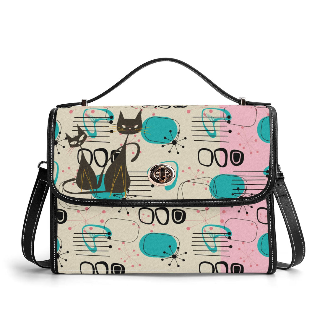 Mid Century Modern Atomic Cat Satchel, Retro Pink, Turquoise, and Black PU Leather Handbag