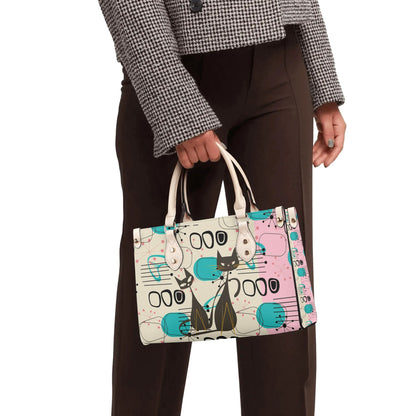 Mid Century Modern Atomic Cat Handbag, Retro Pink, Turquoise, and Black PU Leather Bag