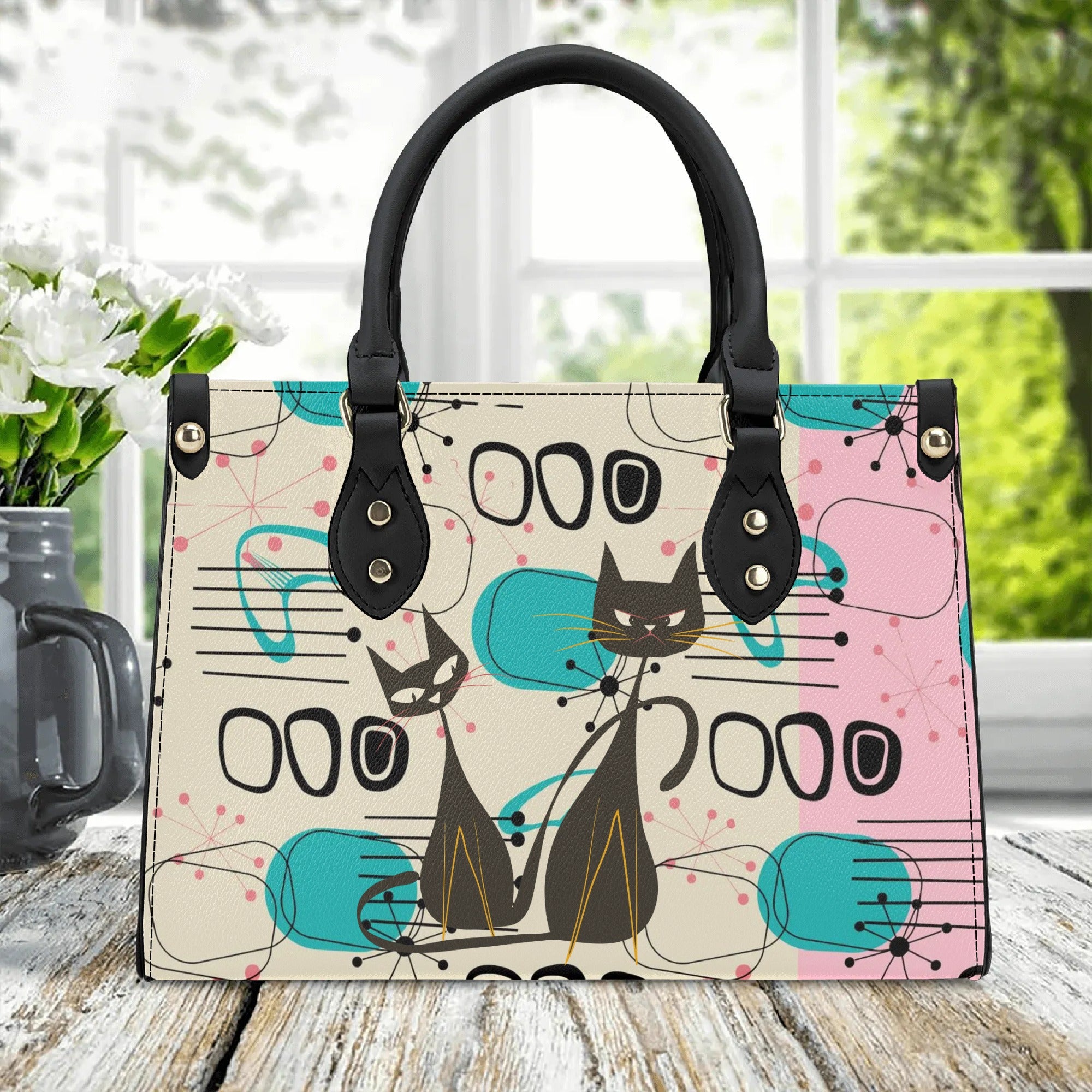 Mid Century Modern Atomic Cat Handbag, Retro Pink, Turquoise, and Black PU Leather Bag