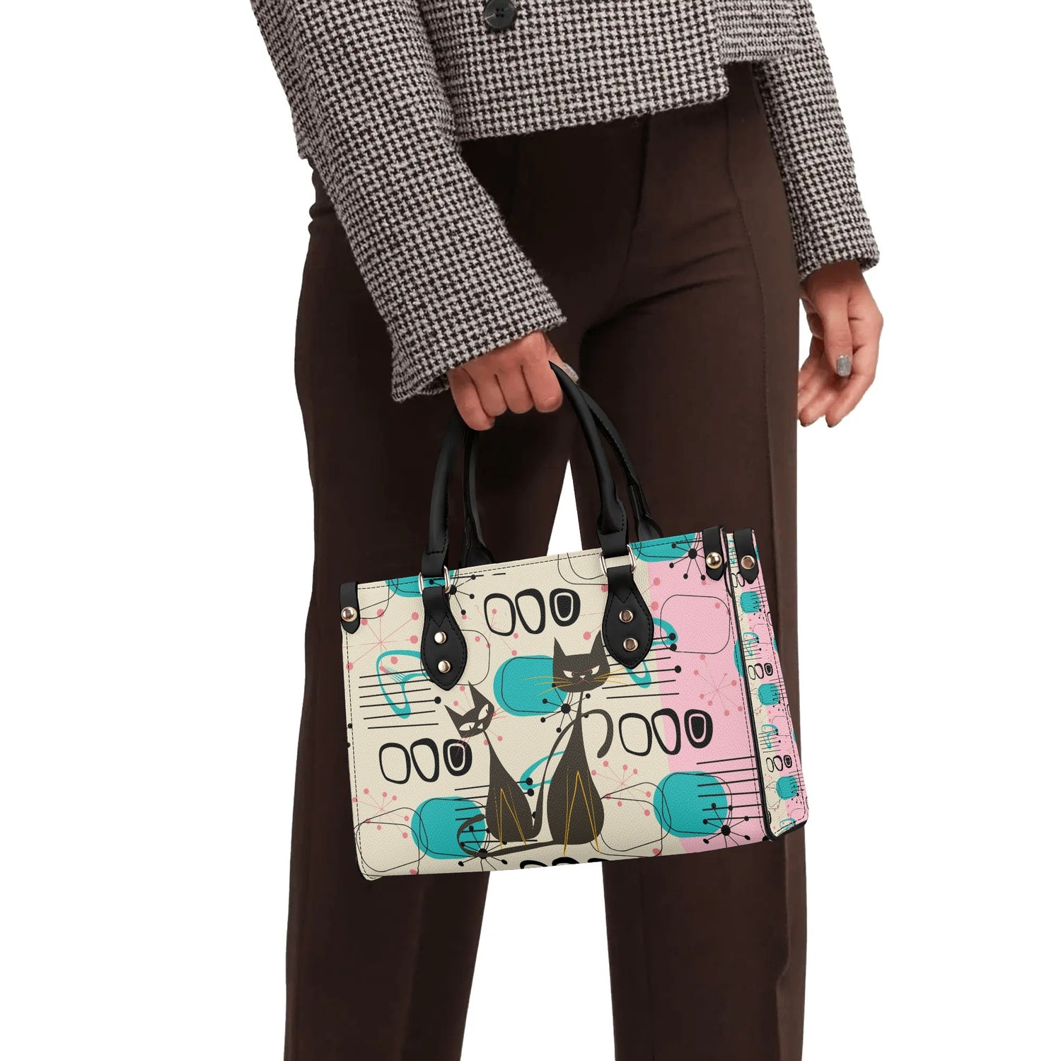 Mid Century Modern Atomic Cat Handbag, Retro Pink, Turquoise, and Black Leather Bag