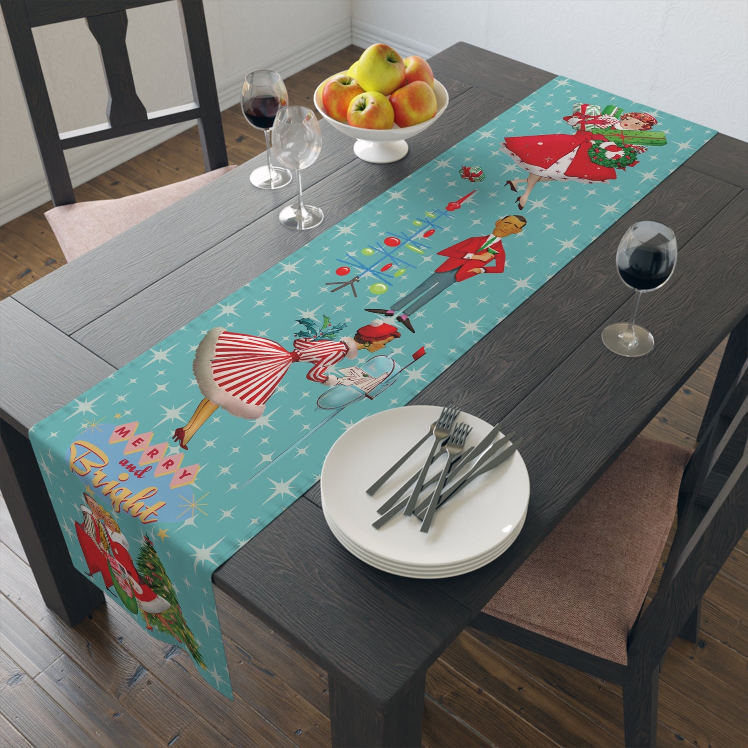 Merry and Bright Retro 1950s Mid Century Modern Christmas Table Runner
