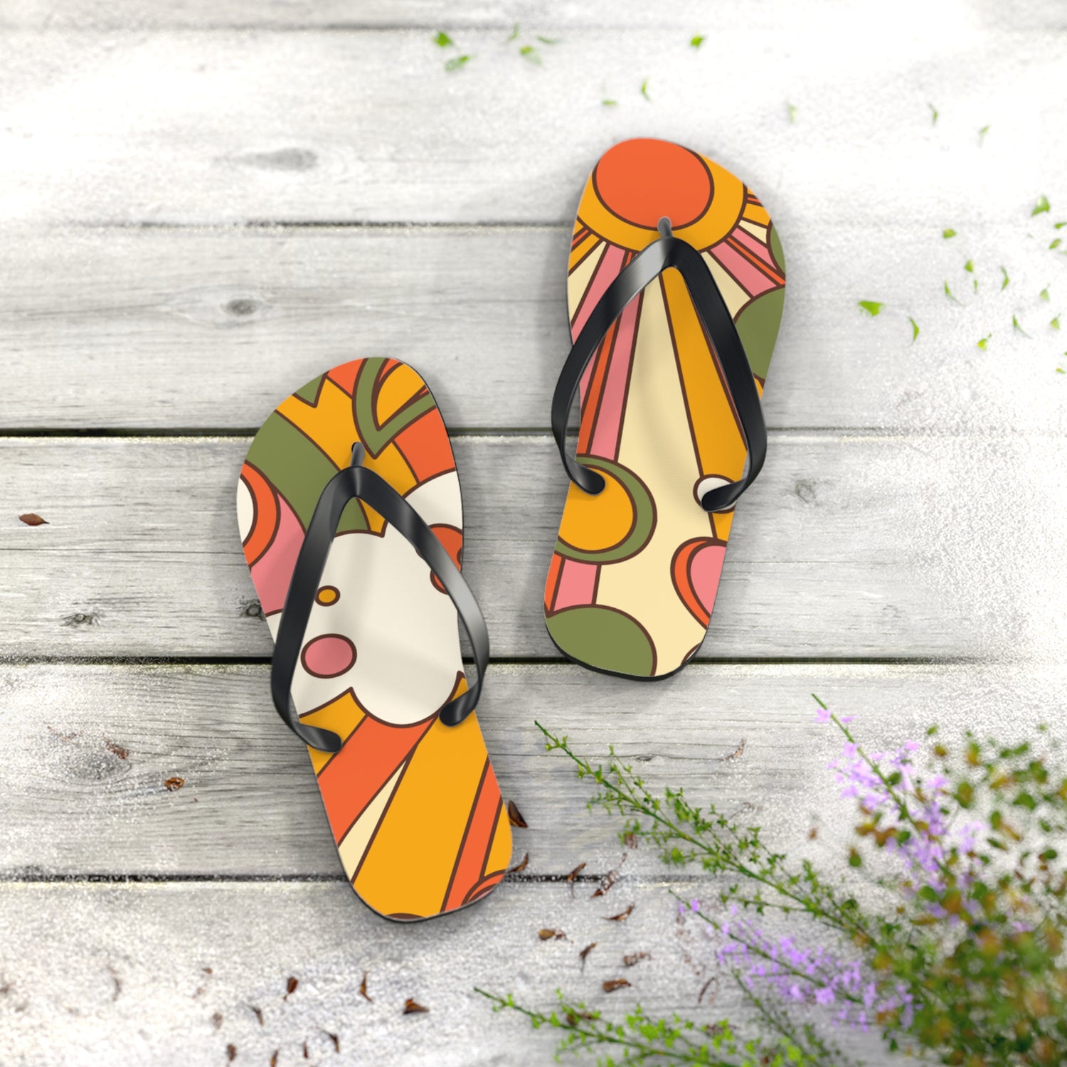 Groovy Sunshine 70s Flip Flops, Boho Sunburst Beach Sandals
