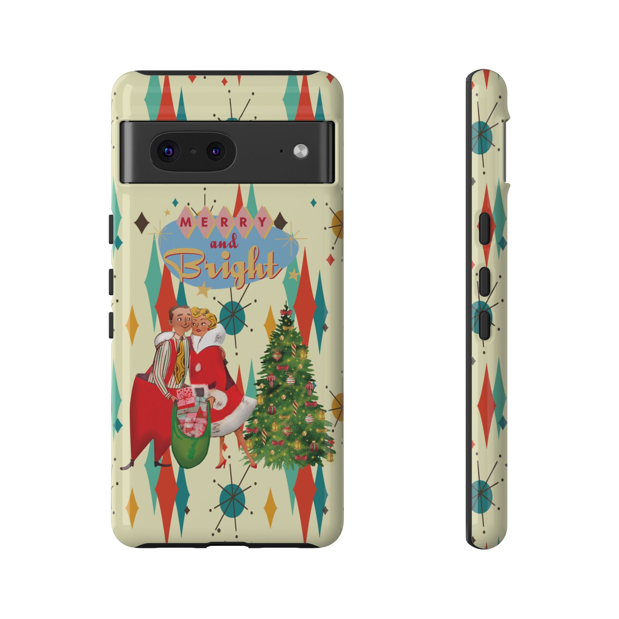 Merry and Bright Retro Christmas iPhone Case, 1950s Kitsch Mid Century Modern Holiday Cover, Atomic Starburst Vintage Phone Accessory