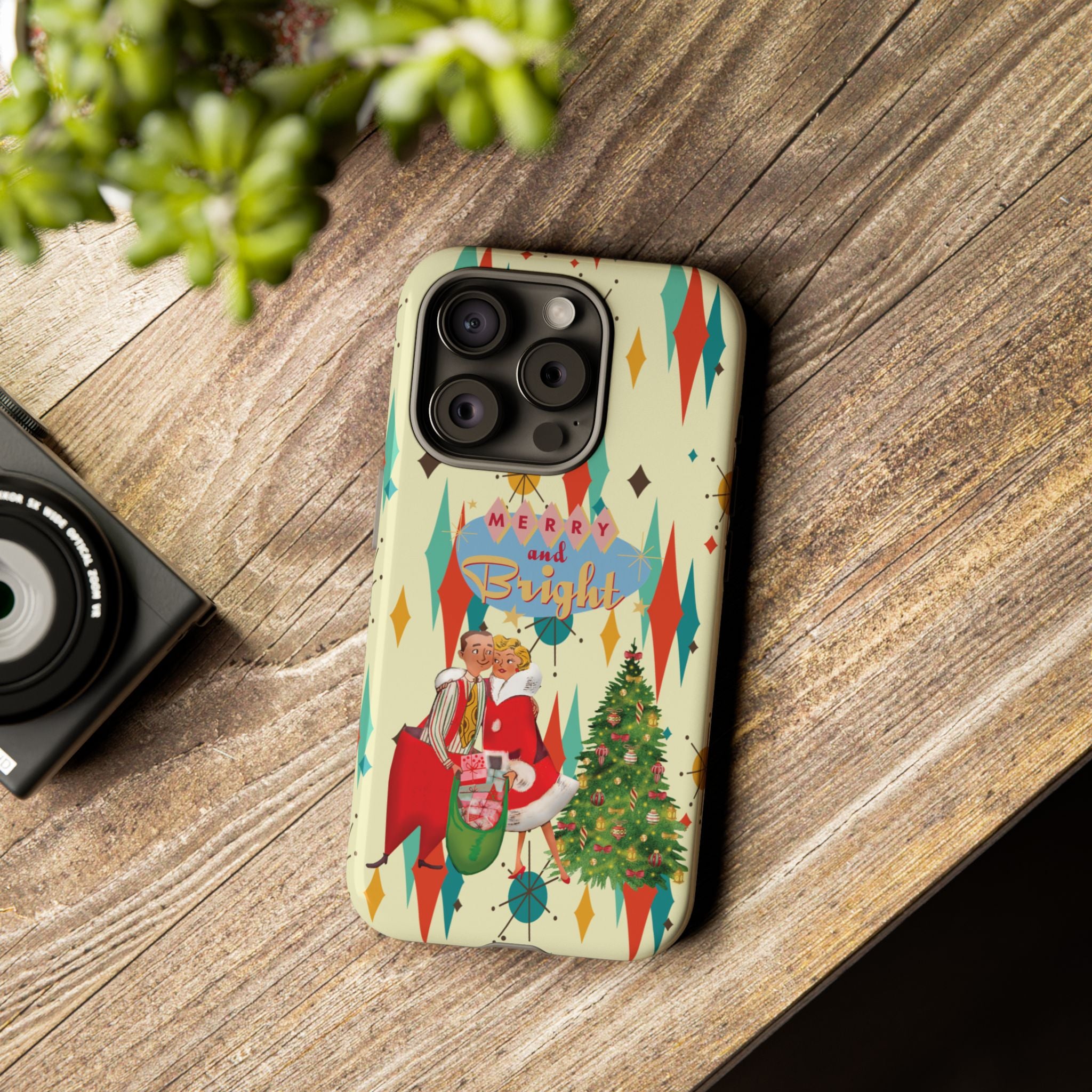 Merry and Bright Retro Christmas iPhone Case, 1950s Kitsch Mid Century Modern Holiday Cover, Atomic Starburst Vintage Phone Accessory