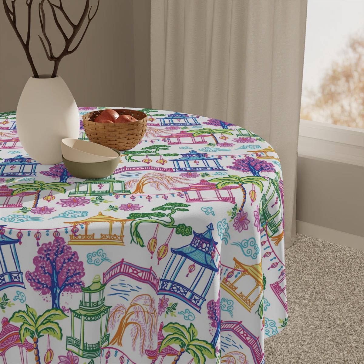 Chinoiserie Pagoda Garden Tablecloth, Grandmillennial Table Linen