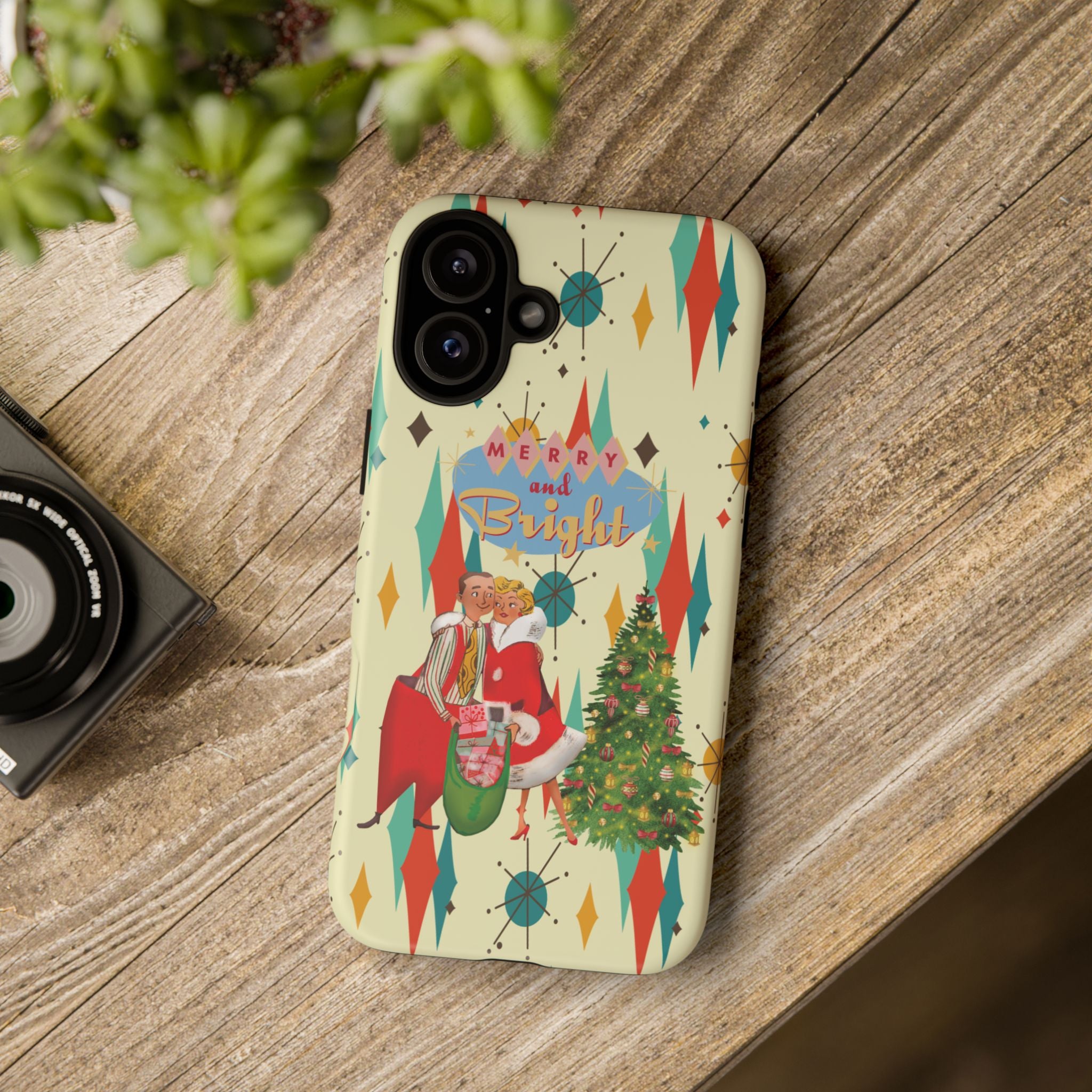 Merry and Bright Retro Christmas iPhone Case, 1950s Kitsch Mid Century Modern Holiday Cover, Atomic Starburst Vintage Phone Accessory