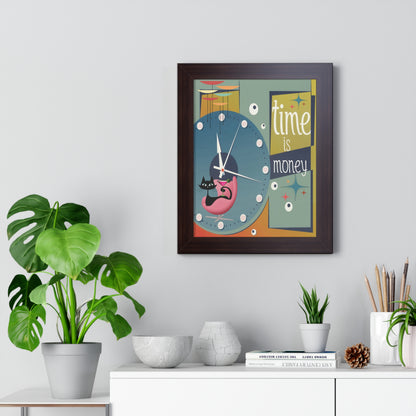 Atomic Cat Mid Century Modern Time is Money Framed Vertical Poster, Retro 50s Wall Art, MCM Clock Starburst Decor