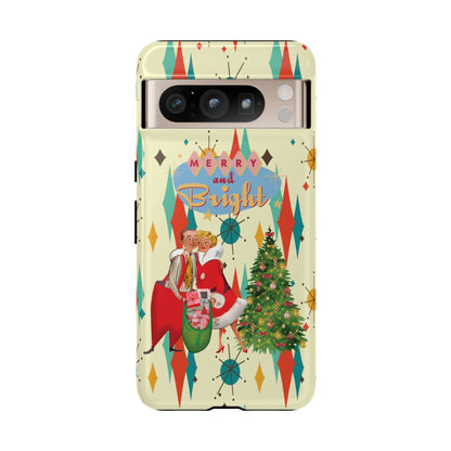 Merry and Bright Retro Christmas iPhone Case, 1950s Kitsch Mid Century Modern Holiday Cover, Atomic Starburst Vintage Phone Accessory