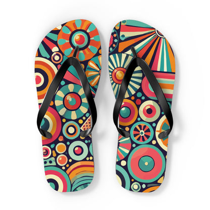 Groovy 70s Psychedelic Flip Flops, Retro Sunburst Beach Sandals