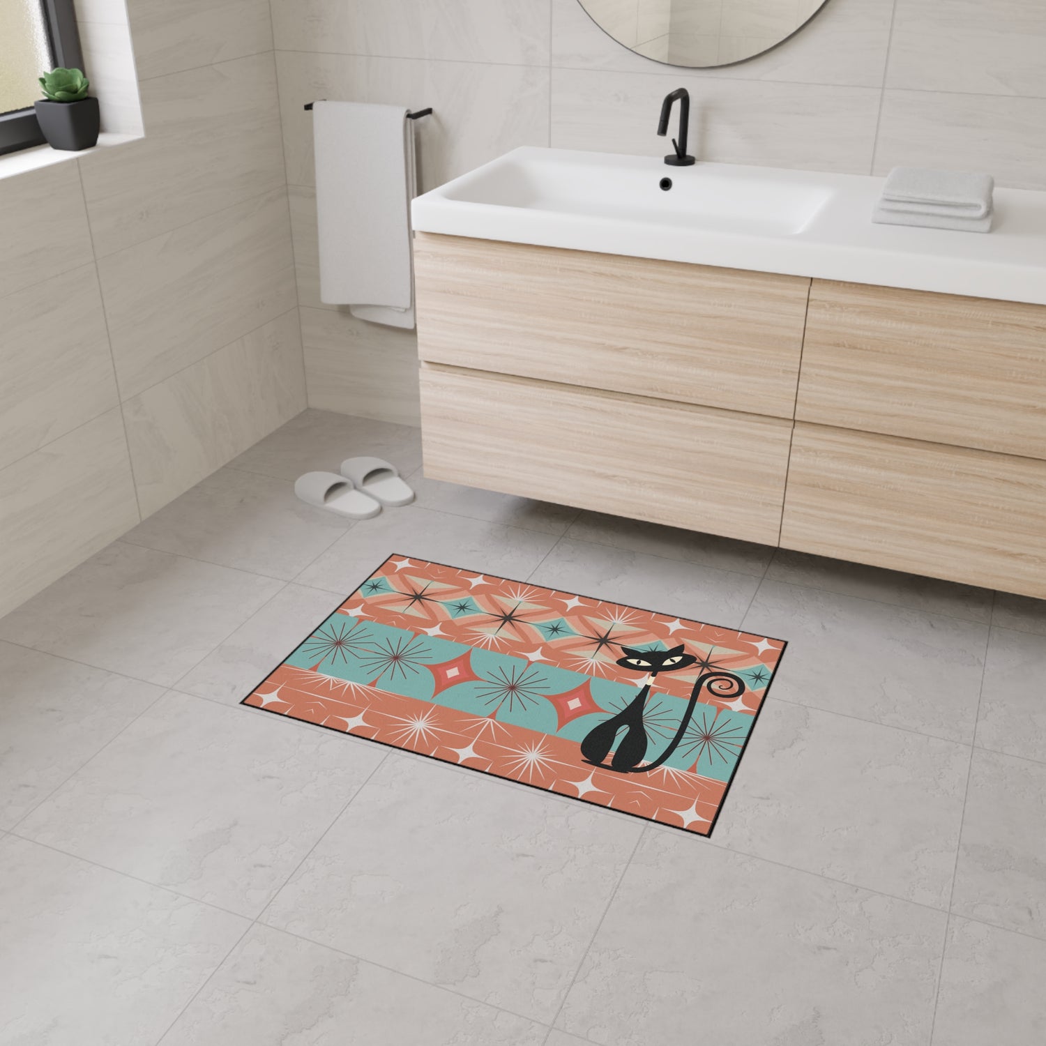 Atomic Cat Mid Century Modern Floor Mat, Retro Starburst Rug