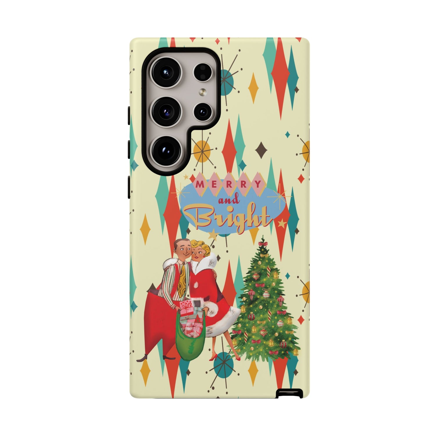 Merry and Bright Retro Christmas iPhone Case, 1950s Kitsch Mid Century Modern Holiday Cover, Atomic Starburst Vintage Phone Accessory