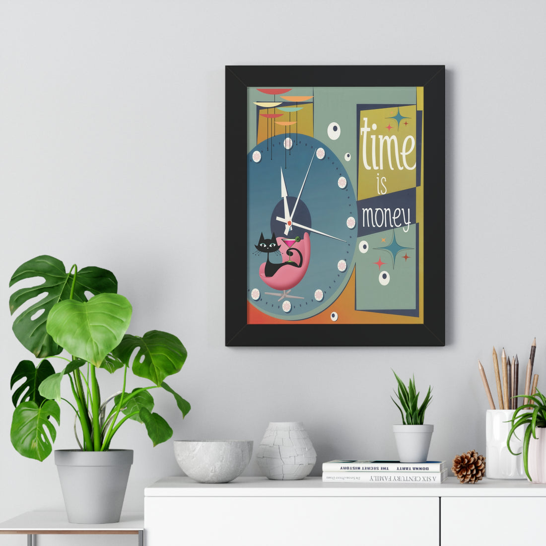 Atomic Cat Mid Century Modern Time is Money Framed Vertical Poster, Retro 50s Wall Art, MCM Clock Starburst Decor