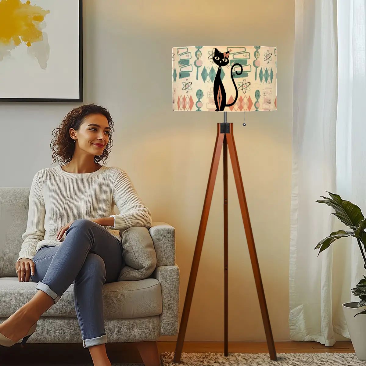 Atomic Cat Mid Century Modern Tripod Floor Lamp, Retro 1950S Geometric Accent Lighting