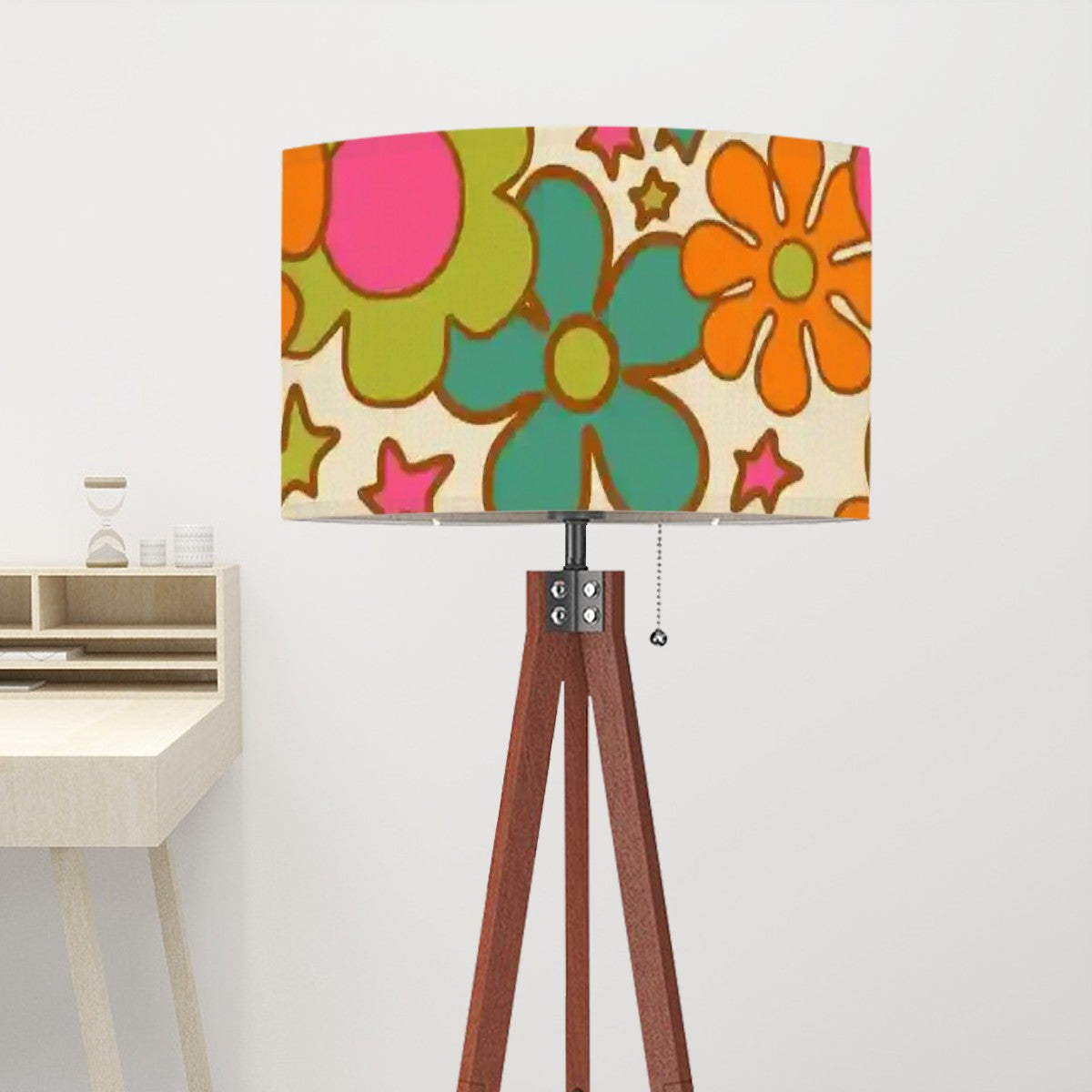 70s Flower Power Retro Floral Drum Lamp Shade, Mid Century Modern