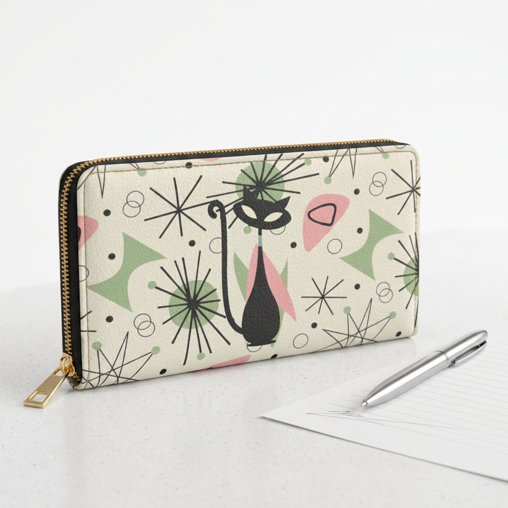 Atomic Cat Kitschy Mid Century Modern Retro 50s Zip Around Wallet